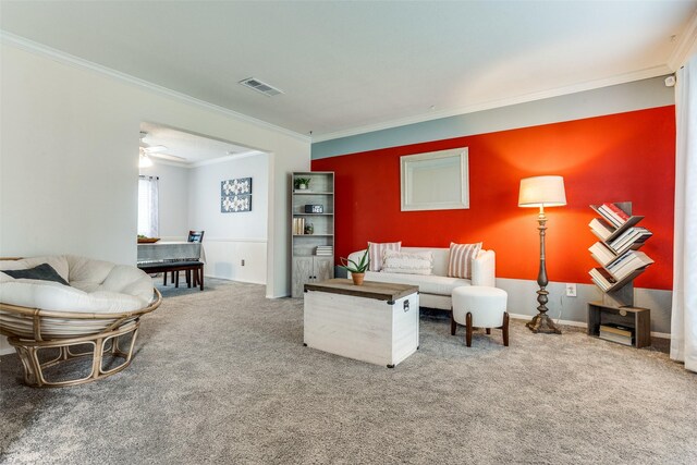 1105 Pyramid Dr, Garland, TX 75040 - living room featuring ornamental molding, carpet, and ceiling fan