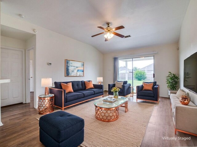 131 Freedom Trl, Forney, TX 75126 - living room with wood finished floors, lofted ceiling, and ceiling fan