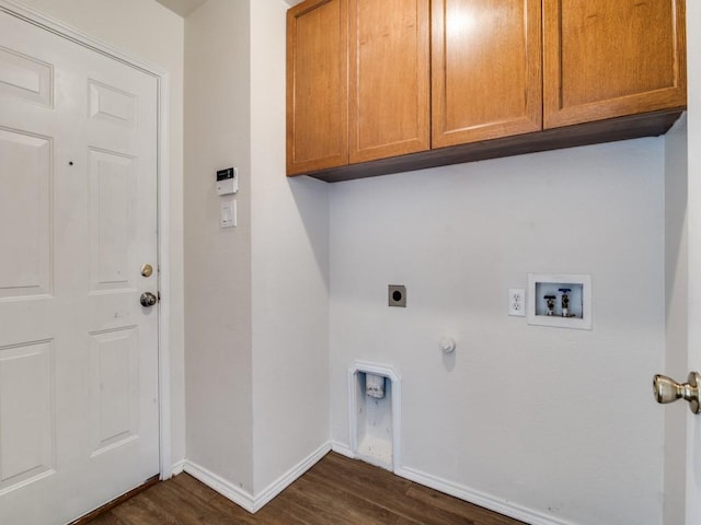 131 Freedom Trl, Forney, TX 75126 - laundry room with electric dryer hookup, hookup for a washing machine, cabinet space, dark wood-type flooring, and gas dryer hookup