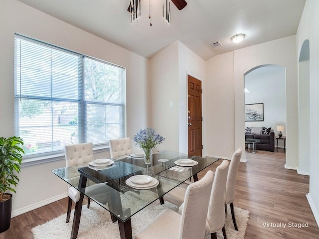 131 Freedom Trl, Forney, TX 75126 - dining room featuring arched walkways, plenty of natural light, wood finished floors, and a ceiling fan