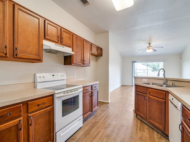 131 Freedom Trl, Forney, TX 75126 - kitchen with white appliances, under cabinet range hood, light wood-style flooring, brown cabinetry, and light countertops