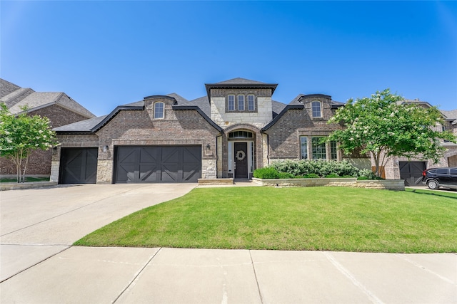 1253 Gray Fox Ln, Frisco, TX 75033 - french country inspired facade featuring a front yard, an attached garage, concrete driveway, stone siding, and brick siding