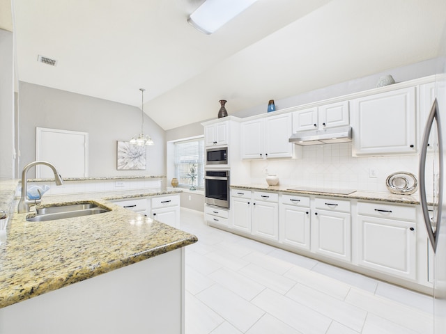 1197 Pleasant Oaks Dr, Lewisville, TX 75067 - kitchen with stainless steel appliances, under cabinet range hood, backsplash, white cabinetry, and lofted ceiling