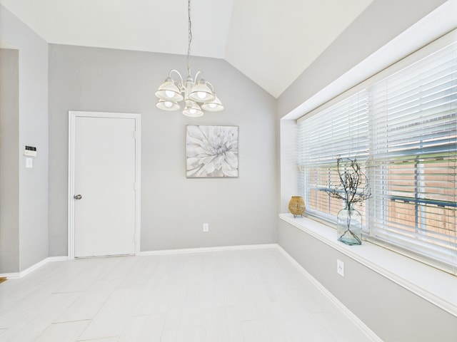 1197 Pleasant Oaks Dr, Lewisville, TX 75067 - unfurnished dining area featuring a chandelier and vaulted ceiling