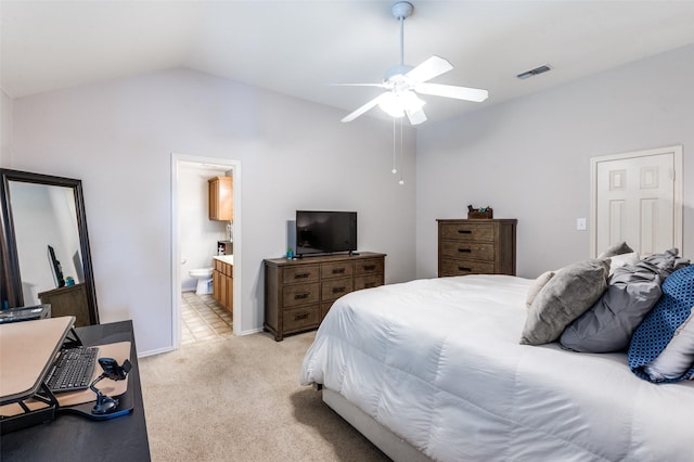 109 Niagara Falls Dr, Anna, TX 75409 - bedroom featuring lofted ceiling, light carpet, ensuite bath, and ceiling fan