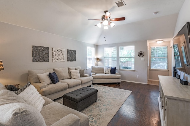 109 Niagara Falls Dr, Anna, TX 75409 - living room with vaulted ceiling, ceiling fan, and dark wood-style floors