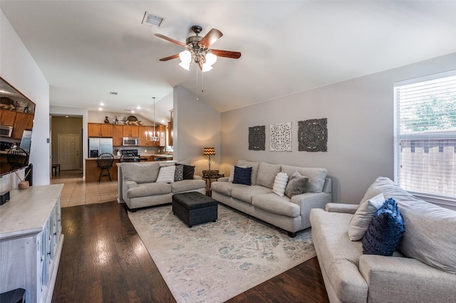 109 Niagara Falls Dr, Anna, TX 75409 - living area with lofted ceiling, a ceiling fan, and dark wood-type flooring