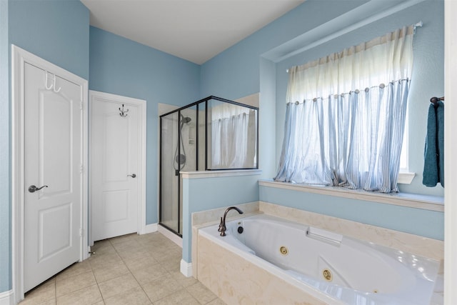 5024 Running Brook Dr, Joshua, TX 76058 - bathroom featuring a shower stall, a whirlpool tub, and tile patterned floors