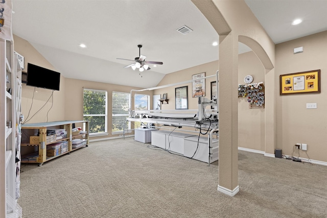 5024 Running Brook Dr, Joshua, TX 76058 - kitchen featuring carpet floors, a ceiling fan, vaulted ceiling, arched walkways, and recessed lighting