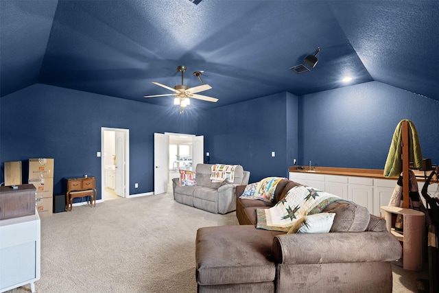 5024 Running Brook Dr, Joshua, TX 76058 - living area featuring vaulted ceiling, carpet flooring, ceiling fan, and a textured ceiling