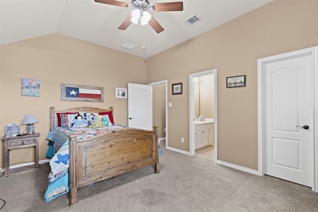 5024 Running Brook Dr, Joshua, TX 76058 - bedroom featuring carpet, vaulted ceiling, ensuite bathroom, and ceiling fan