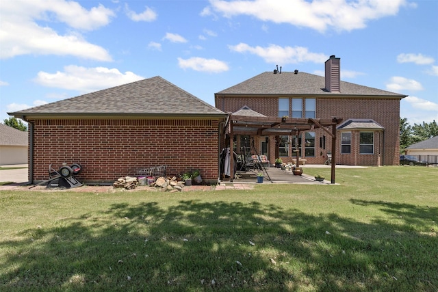 5024 Running Brook Dr, Joshua, TX 76058 - back of property featuring a pergola, a chimney, a patio, a yard, and brick siding