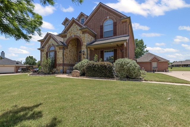 5024 Running Brook Dr, Joshua, TX 76058 - view of front of home with stone siding, a front lawn, and brick siding