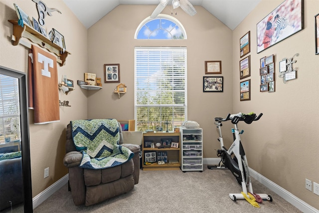 5024 Running Brook Dr, Joshua, TX 76058 - living area featuring ceiling fan, carpet floors, vaulted ceiling, and healthy amount of natural light