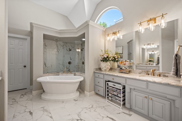 1001 Lakeridge Ct, Colleyville, TX 76034 - full bath featuring marble finish flooring, a marble finish shower, vanity, a soaking tub, and vaulted ceiling