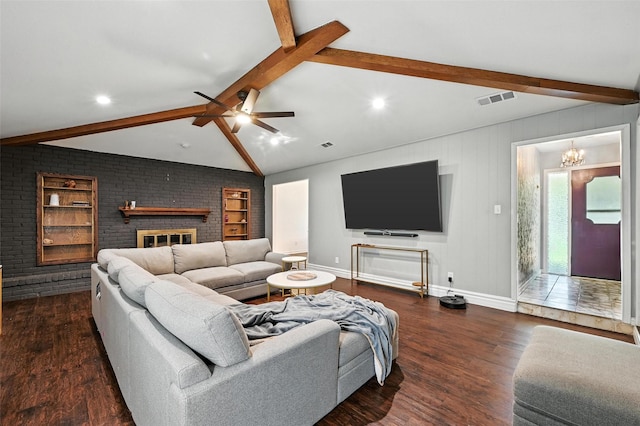 826 E Cherry St, Duncanville, TX 75116 - living room with wood finished floors, a brick fireplace, a chandelier, ceiling fan, and recessed lighting