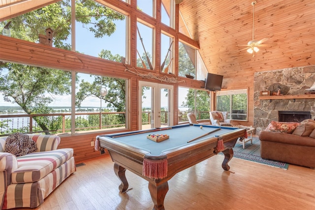 110 Waterview Ln, Pottsboro, TX 75076 - recreation room with high vaulted ceiling, light wood-style flooring, billiards table, ceiling fan, and french doors