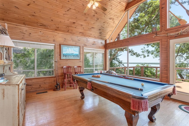 110 Waterview Ln, Pottsboro, TX 75076 - playroom with billiards, wood walls, high vaulted ceiling, ceiling fan, and wood finished floors