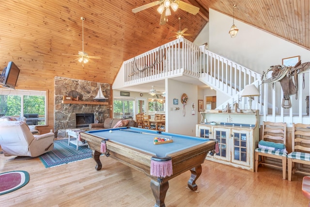 110 Waterview Ln, Pottsboro, TX 75076 - rec room with ceiling fan, high vaulted ceiling, wooden ceiling, wood finished floors, and billiards table
