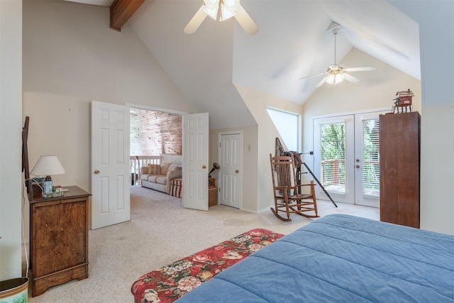 110 Waterview Ln, Pottsboro, TX 75076 - bedroom featuring access to exterior, carpet flooring, multiple windows, beam ceiling, and a ceiling fan