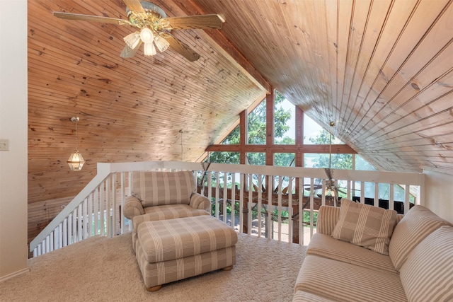 110 Waterview Ln, Pottsboro, TX 75076 - carpeted living room with a ceiling fan, wooden ceiling, wood walls, and high vaulted ceiling