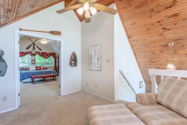 110 Waterview Ln, Pottsboro, TX 75076 - living area with ceiling fan, light carpet, high vaulted ceiling, and wooden ceiling