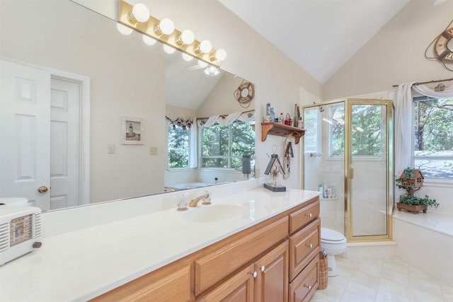 110 Waterview Ln, Pottsboro, TX 75076 - full bath featuring lofted ceiling, a bath, vanity, a stall shower, and tile patterned flooring