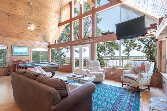 110 Waterview Ln, Pottsboro, TX 75076 - living room with high vaulted ceiling, pool table, plenty of natural light, wood walls, and wood-type flooring
