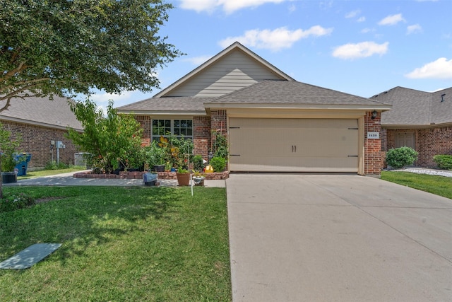 1420 Arabella Ave, Forney, TX 75126 - ranch-style home with brick siding, a front lawn, an attached garage, and roof with shingles