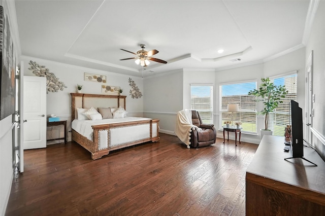 9840 El Colina Dr, Fort Worth, TX 76179 - bedroom featuring a raised ceiling, dark wood finished floors, ornamental molding, recessed lighting, and a ceiling fan