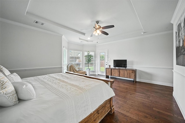 9840 El Colina Dr, Fort Worth, TX 76179 - bedroom featuring a raised ceiling, hardwood / wood-style flooring, a ceiling fan, and crown molding