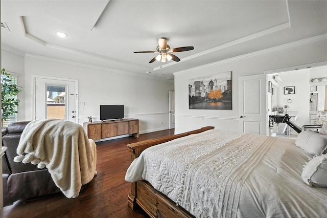 9840 El Colina Dr, Fort Worth, TX 76179 - bedroom featuring a tray ceiling, wood finished floors, ornamental molding, recessed lighting, and ceiling fan