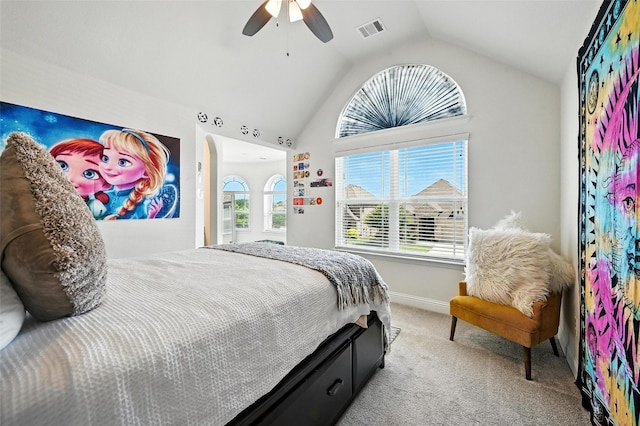 9840 El Colina Dr, Fort Worth, TX 76179 - bedroom featuring carpet, lofted ceiling, and ceiling fan