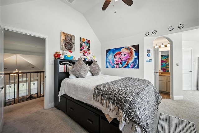 9840 El Colina Dr, Fort Worth, TX 76179 - carpeted bedroom with vaulted ceiling, a chandelier, arched walkways, and a ceiling fan