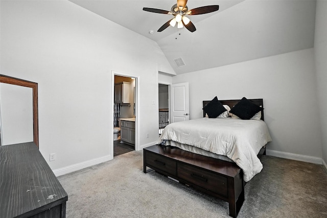 9840 El Colina Dr, Fort Worth, TX 76179 - carpeted bedroom with vaulted ceiling, a ceiling fan, and ensuite bath