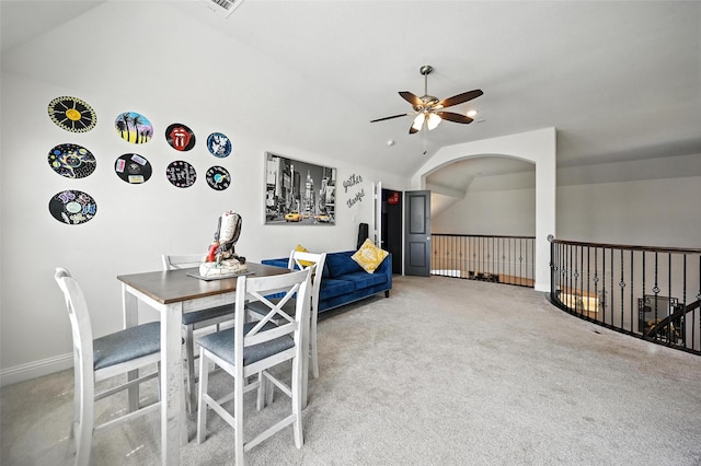9840 El Colina Dr, Fort Worth, TX 76179 - dining area featuring ceiling fan, vaulted ceiling, and light carpet