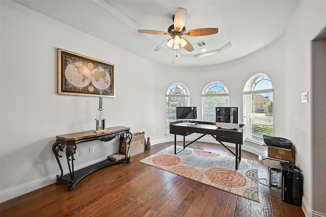 9840 El Colina Dr, Fort Worth, TX 76179 - home office featuring wood finished floors, ceiling fan, and a raised ceiling