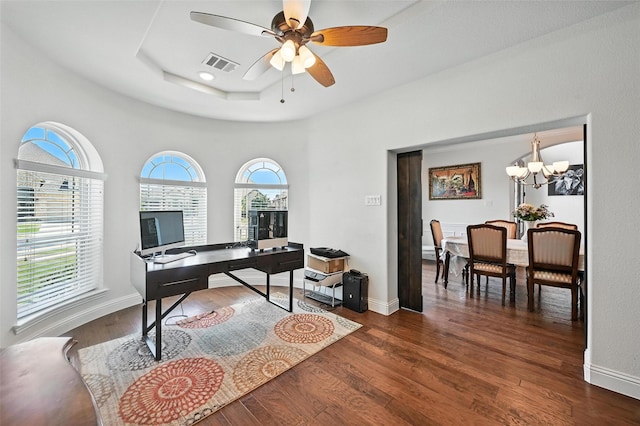 9840 El Colina Dr, Fort Worth, TX 76179 - office space with dark wood-style floors, ceiling fan, and a chandelier