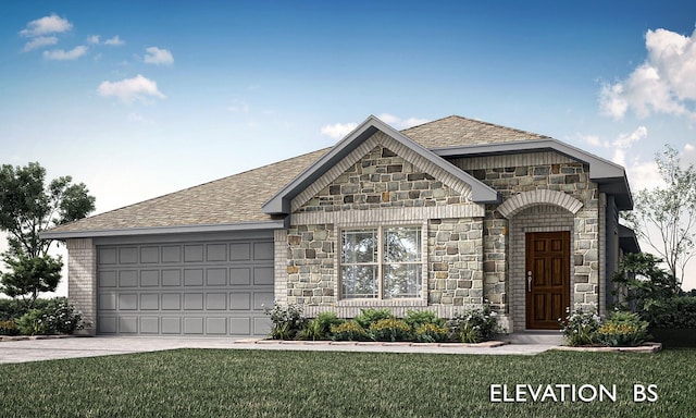 115 Wild Oak Gln, Lavon, TX 75166 - french country inspired facade with stone siding, a garage, concrete driveway, and roof with shingles