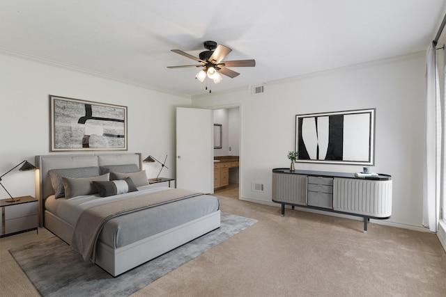 1810 Tulane Dr, Richardson, TX 75081 - bedroom with light carpet, crown molding, a ceiling fan, and ensuite bathroom
