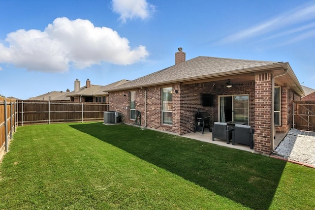 10200 Wildfowl Dr, Fort Worth, TX 76177 - rear view of house with a fenced backyard, a patio area, brick siding, ceiling fan, and a chimney