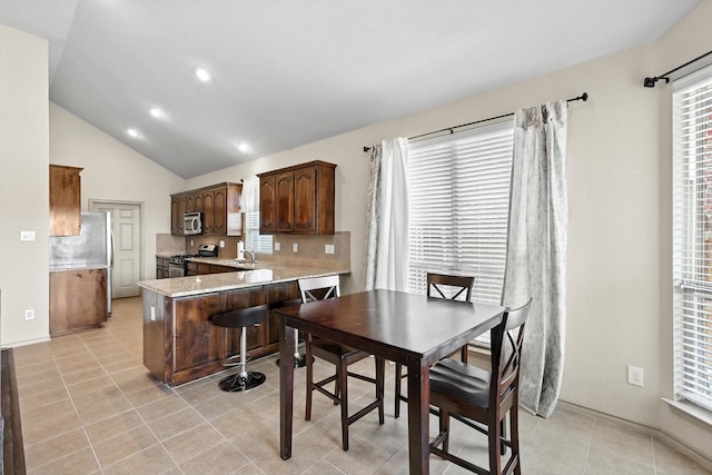 10200 Wildfowl Dr, Fort Worth, TX 76177 - kitchen with appliances with stainless steel finishes, healthy amount of natural light, lofted ceiling, a peninsula, and decorative backsplash