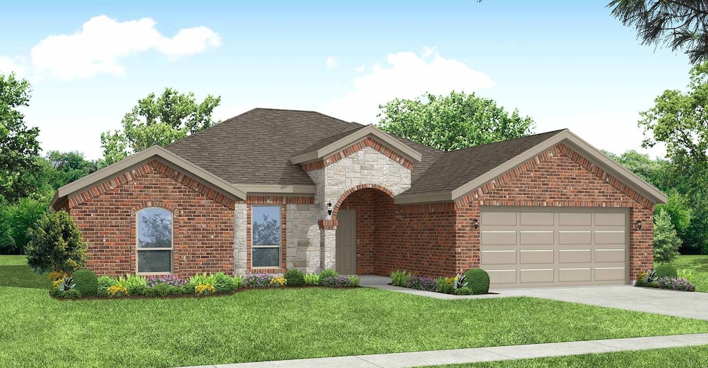 2645 River Bank, Burleson, TX 76028 - view of front facade with brick siding, an attached garage, driveway, and a front yard