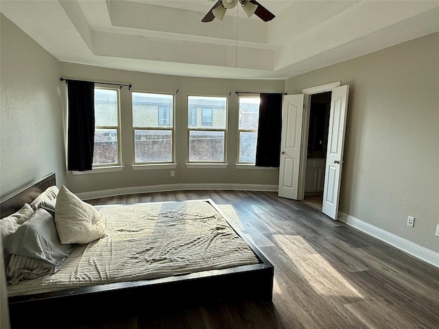 12713 Travers Trl, Fort Worth, TX 76244 - bedroom with a tray ceiling, wood finished floors, and a ceiling fan