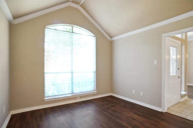 1660 Spinnaker Ln, Azle, TX 76020 - unfurnished room with dark wood finished floors, lofted ceiling, and crown molding