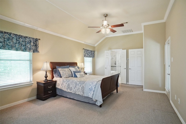 1660 Spinnaker Ln, Azle, TX 76020 - bedroom featuring ornamental molding, carpet, lofted ceiling, a ceiling fan, and connected bathroom