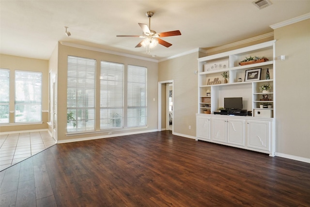 1660 Spinnaker Ln, Azle, TX 76020 - unfurnished living room with ceiling fan, dark wood-style flooring, and ornamental molding