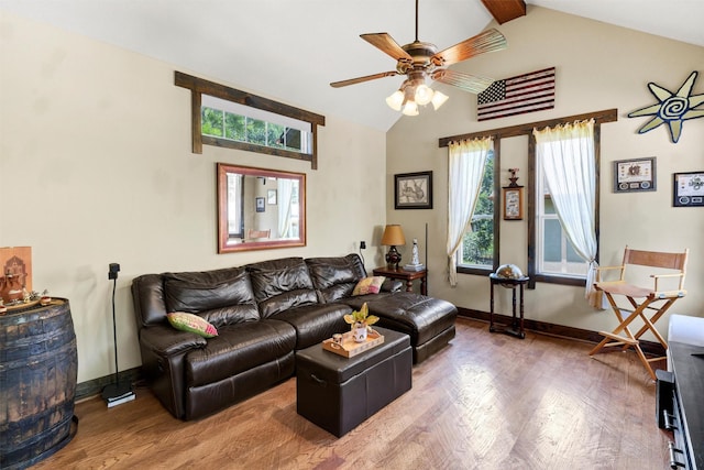 421 Dallas St, Argyle, TX 76226 - living area featuring wood finished floors, ceiling fan, beam ceiling, and high vaulted ceiling