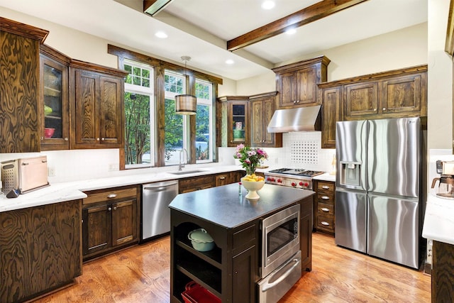 421 Dallas St, Argyle, TX 76226 - kitchen featuring stainless steel appliances, under cabinet range hood, a warming drawer, beam ceiling, and light wood-style floors