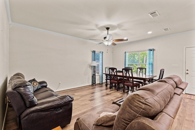 105 William St, Pottsboro, TX 75076 - living room with wood finished floors, ornamental molding, and a ceiling fan